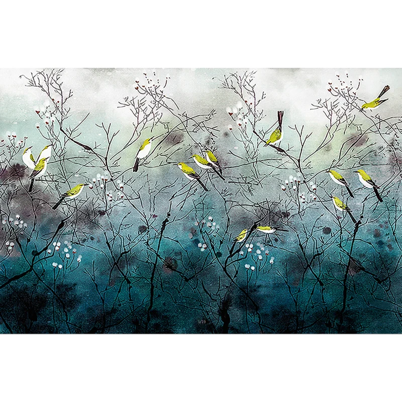 Illustration oiseau sur branches murale grande décoration murale pour salon, sur mesure Clearhalo
