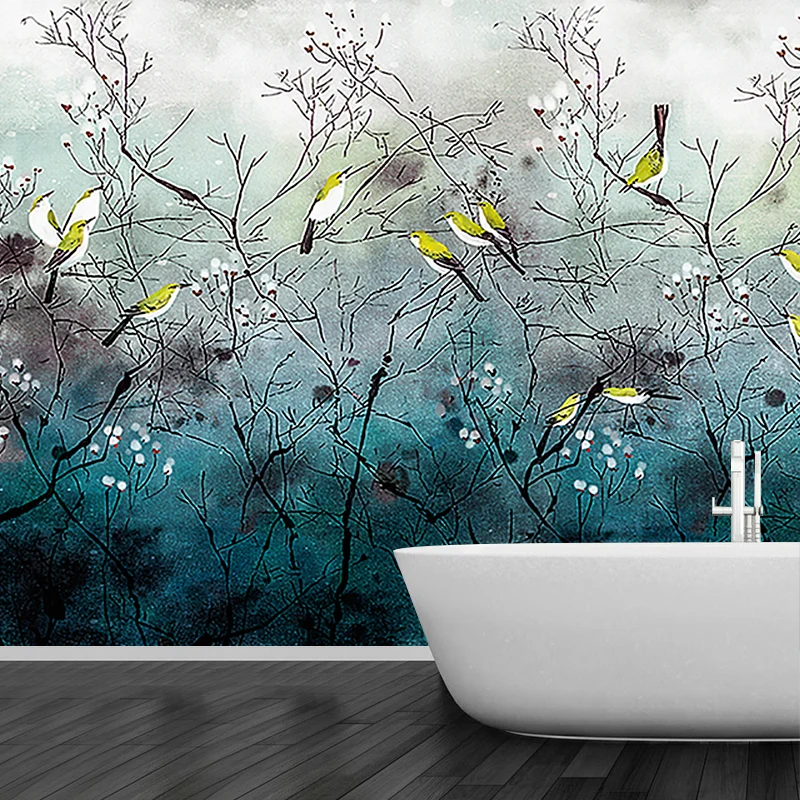 Illustration oiseau sur branches murale grande décoration murale pour salon, sur mesure Clearhalo