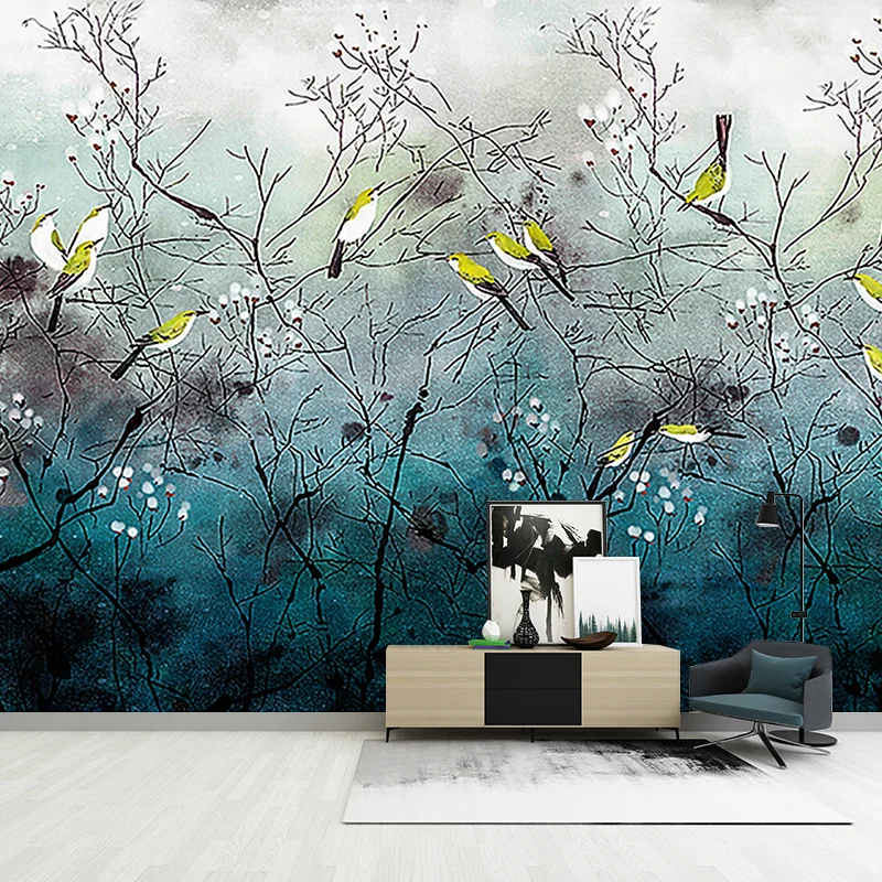 Illustration oiseau sur branches murale grande décoration murale pour salon, sur mesure Clearhalo