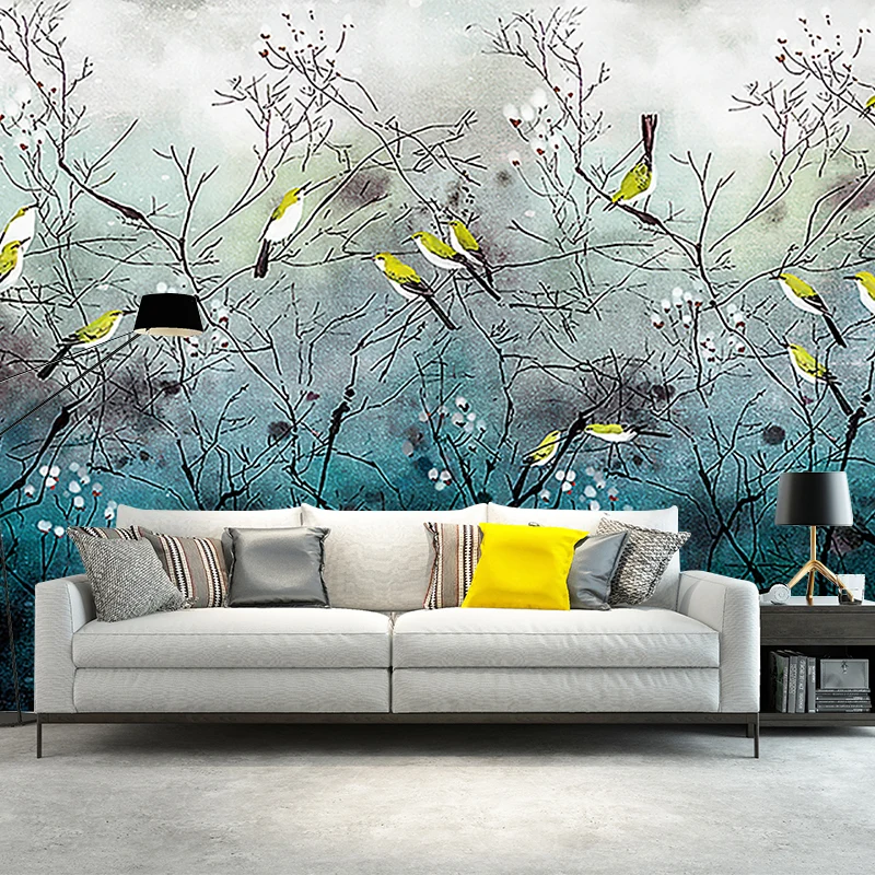 Illustration oiseau sur branches murale grande décoration murale pour salon, sur mesure Clearhalo