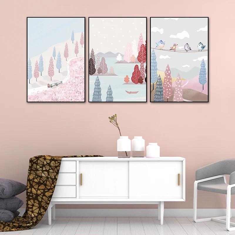 Illustration Park Scenery Wall Art Kids Style Paysage Impression sur toile en rose et bleu Clearhalo
