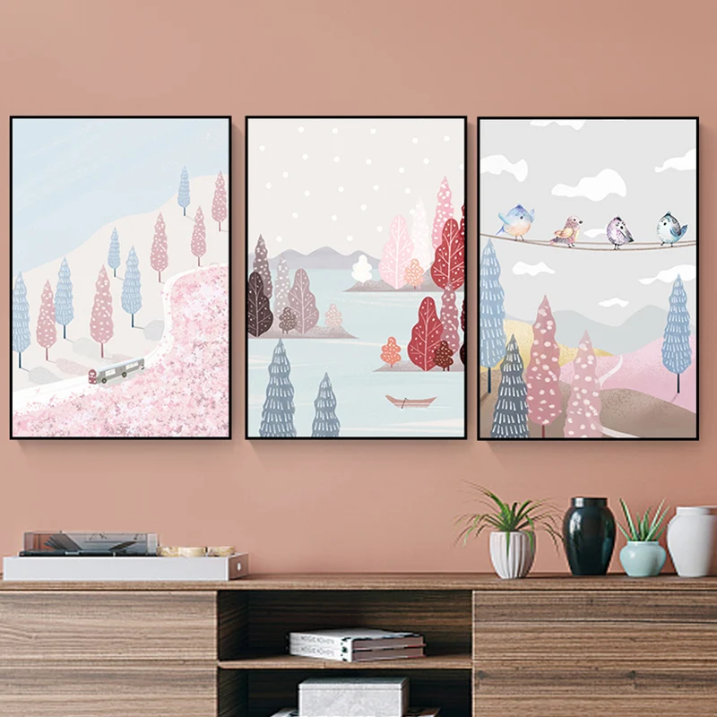 Illustration Park Scenery Wall Art Kids Style Paysage Impression sur toile en rose et bleu Clearhalo