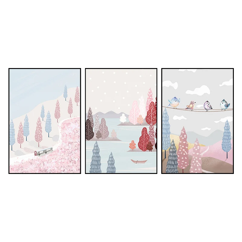 Illustration Park Scenery Wall Art Kids Style Paysage Impression sur toile en rose et bleu Clearhalo