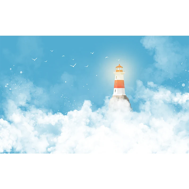 Illustration personnalisée de bande dessinée murale avec motif phare atteignant un ciel nuageux en bleu-blanc Clearhalo