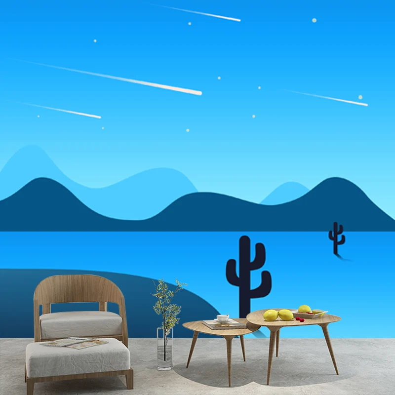 Illustration personnalisée murale moderne avec motif de cactus de chemin et de météores nocturnes en bleu Clearhalo