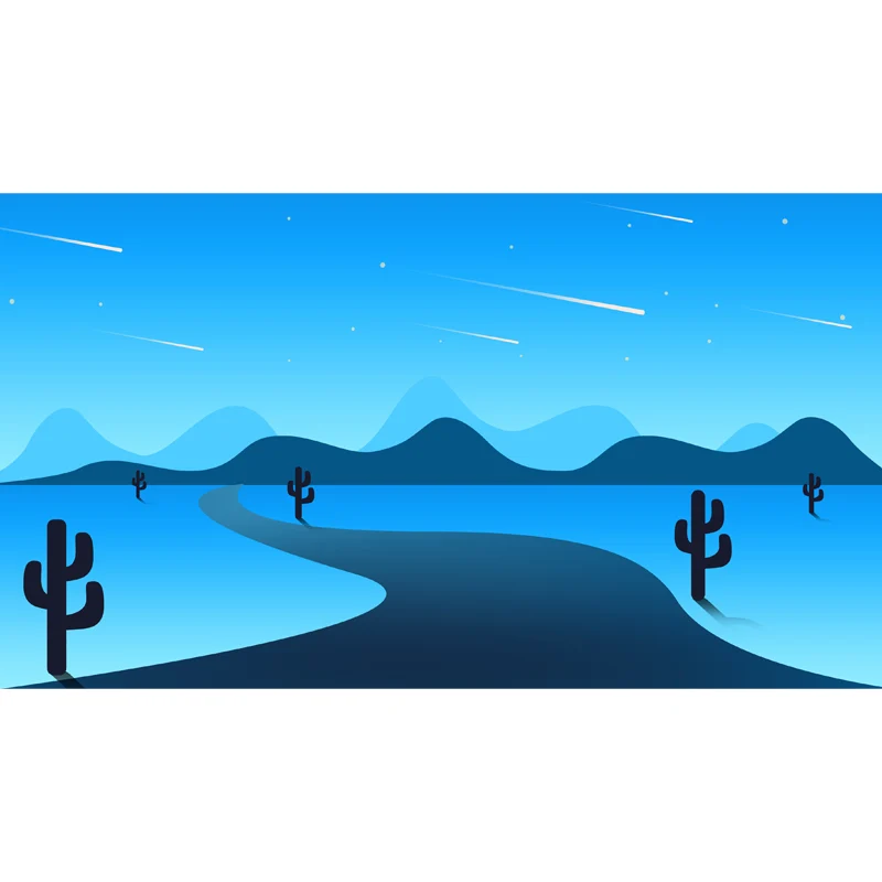 Illustration personnalisée murale moderne avec motif de cactus de chemin et de météores nocturnes en bleu Clearhalo