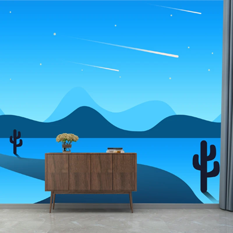 Illustration personnalisée murale moderne avec motif de cactus de chemin et de météores nocturnes en bleu Clearhalo