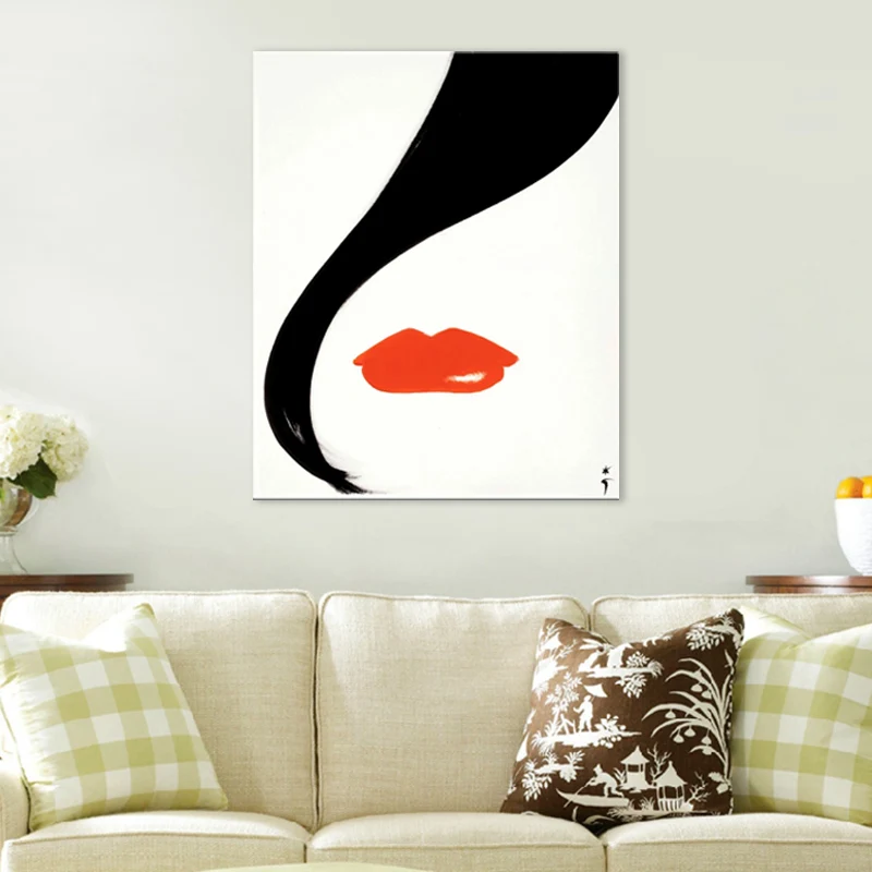 Impression d'art à lèvres rouges, dessin de femme de mode, toile texturée minimaliste sur blanc pour chambre Clearhalo