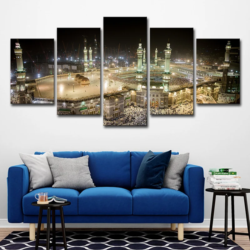 Impression d'art multi-pièces avec vue sur la mosquée de nuit, décoration murale sur toile de style moderne en marron Clea...