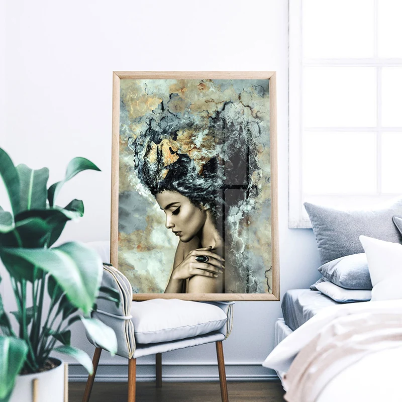 Impression d'art mural avec visage latéral de femme, toile texturée moderne en noir et Beige pour la maison Clearhalo