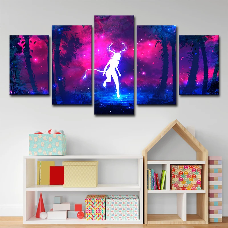 Impression d'art mural féerique de cerf de dessin animé, toile du pays des merveilles de nuit violet-bleu pour chambre à c...