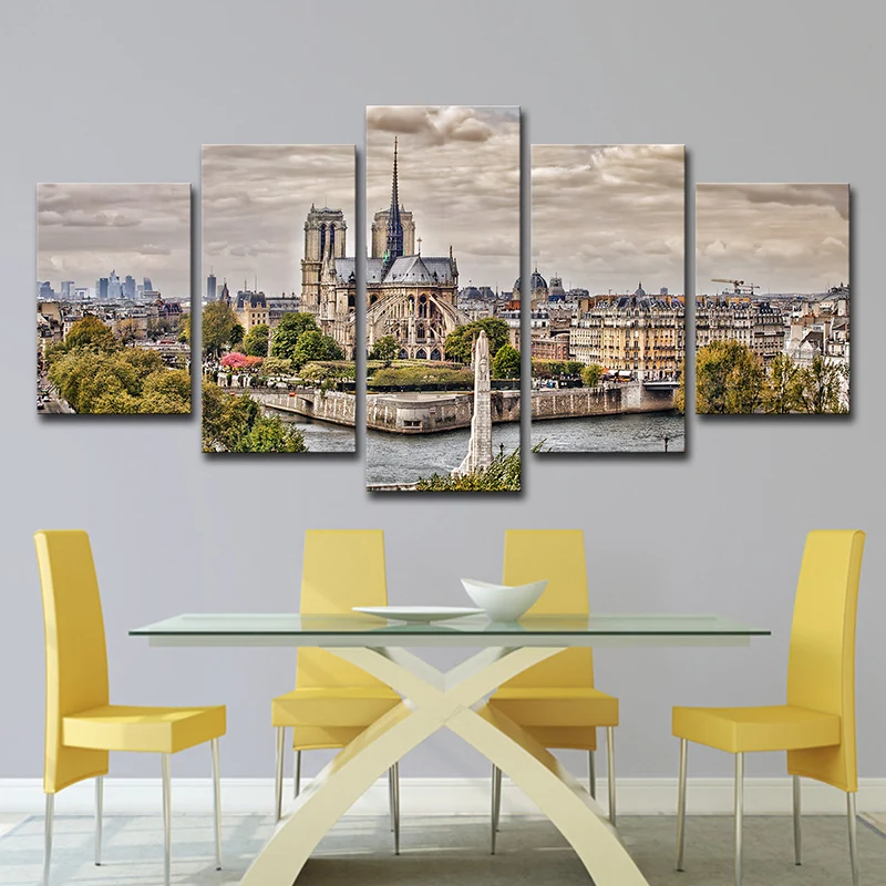 Impression sur toile moderne Landmark Paysage vert de Notre-Dame de Paris Art mural, plusieurs pièces Clearhalo
