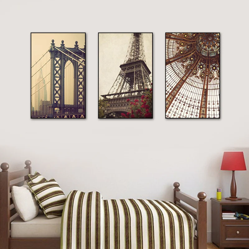 Impression sur toile de monuments d'inspiration mondiale, ensemble d'art mural d'architecture marron pour chambre à couche...