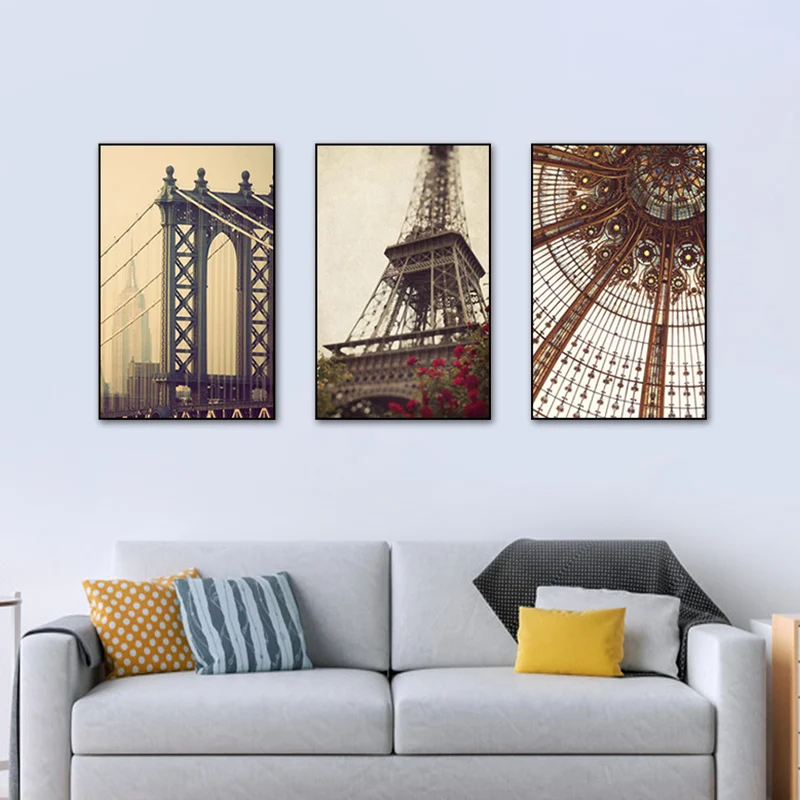 Impression sur toile de monuments d'inspiration mondiale, ensemble d'art mural d'architecture marron pour chambre à couche...