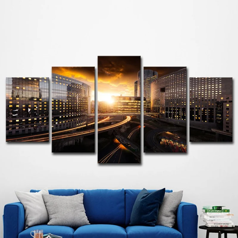 Impression sur toile multi-pièces en noir et or avec paysage urbain au coucher du soleil urbain pour la maison Clearhalo