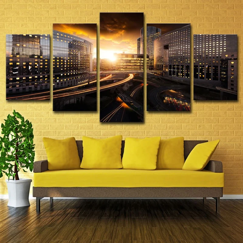 Impression sur toile multi-pièces en noir et or avec paysage urbain au coucher du soleil urbain pour la maison Clearhalo