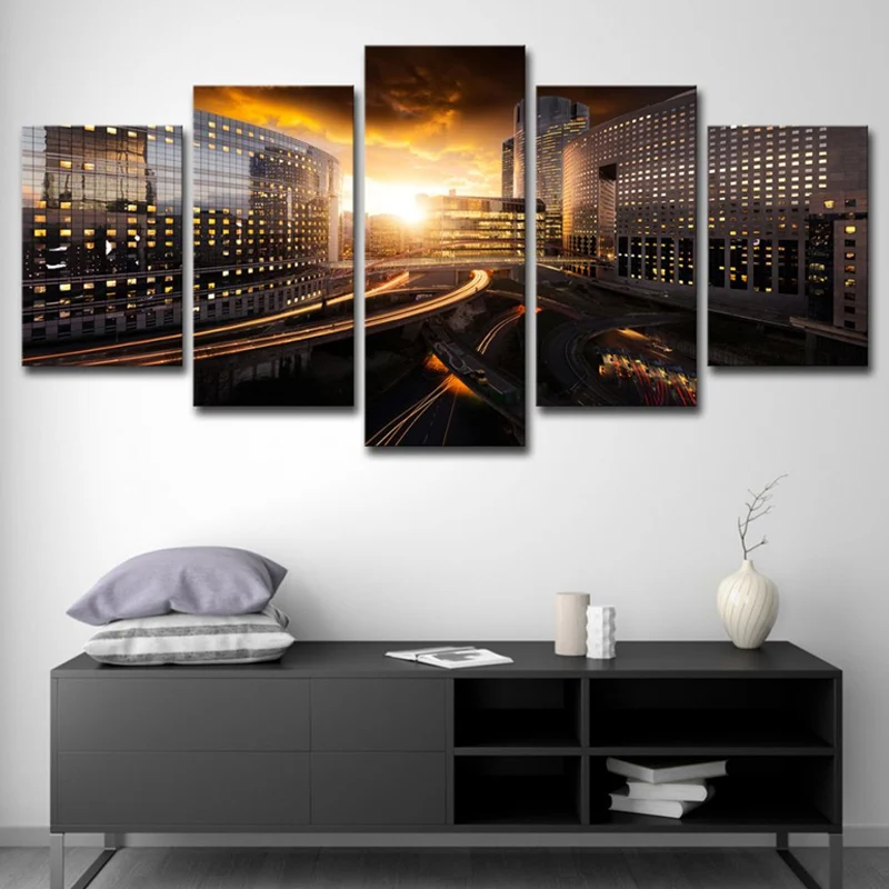Impression sur toile multi-pièces en noir et or avec paysage urbain au coucher du soleil urbain pour la maison Clearhalo