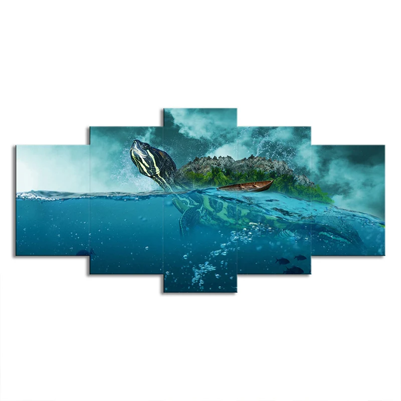 Impression sur toile de tortue de surface de l'océ, art mural de salon moderniste multi-pièces en bleu Clearhalo