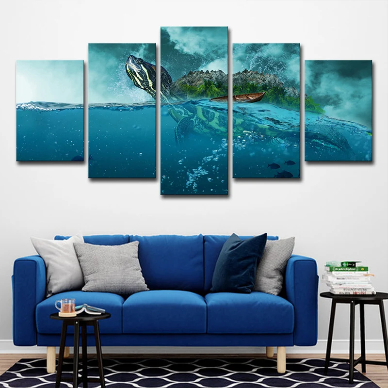 Impression sur toile de tortue de surface de l'océ, art mural de salon moderniste multi-pièces en bleu Clearhalo