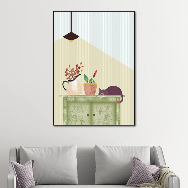 Kitty et plante en pot Art Print Kids Style Surface texturée salon toile Clearhalo