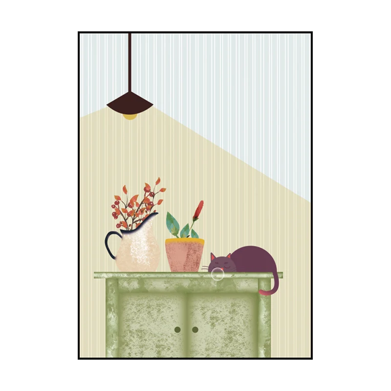 Kitty et plante en pot Art Print Kids Style Surface texturée salon toile Clearhalo