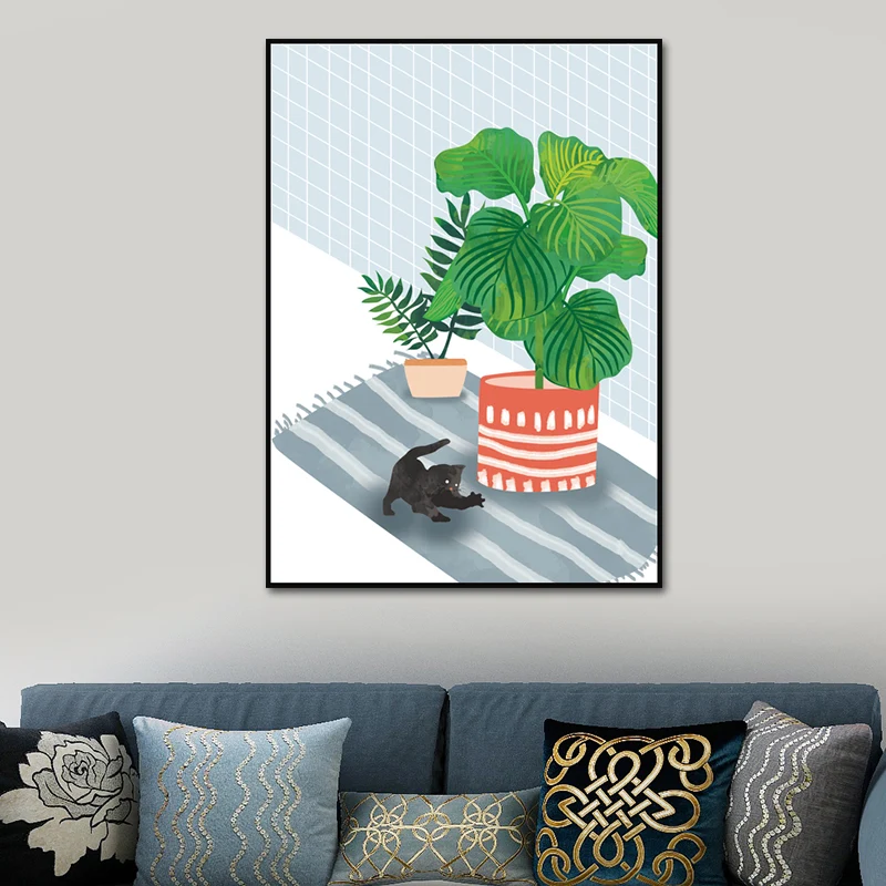 Kitty et plante en pot Art Print Kids Style Surface texturée salon toile Clearhalo