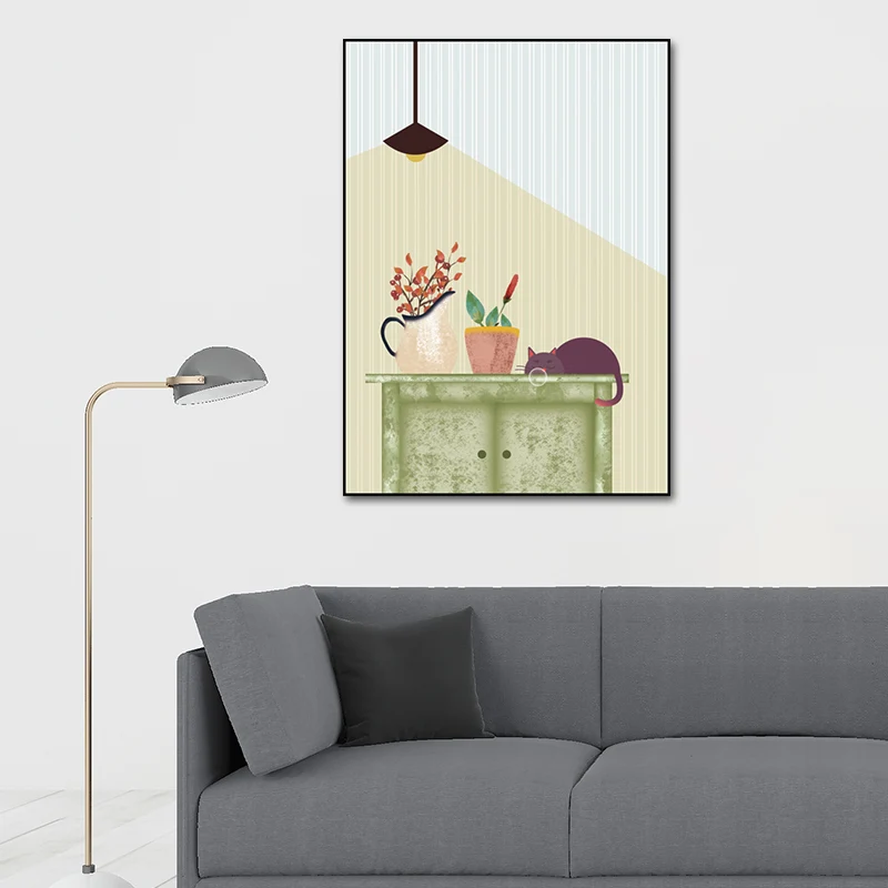 Kitty et plante en pot Art Print Kids Style Surface texturée salon toile Clearhalo