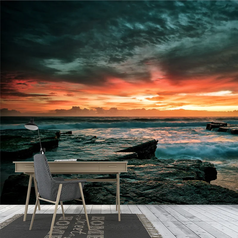 Nightfall Rocky Seashore Peinture murale moderniste non tissée en jaune et bleu pour le salon Clearhalo