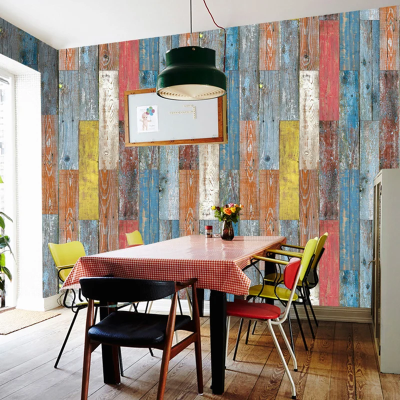 Panneau de papier peint adhésif méditerranéen Shiplap pour salon, décoration murale de 8,6 pieds carrés en rouge-jaune-ble...
