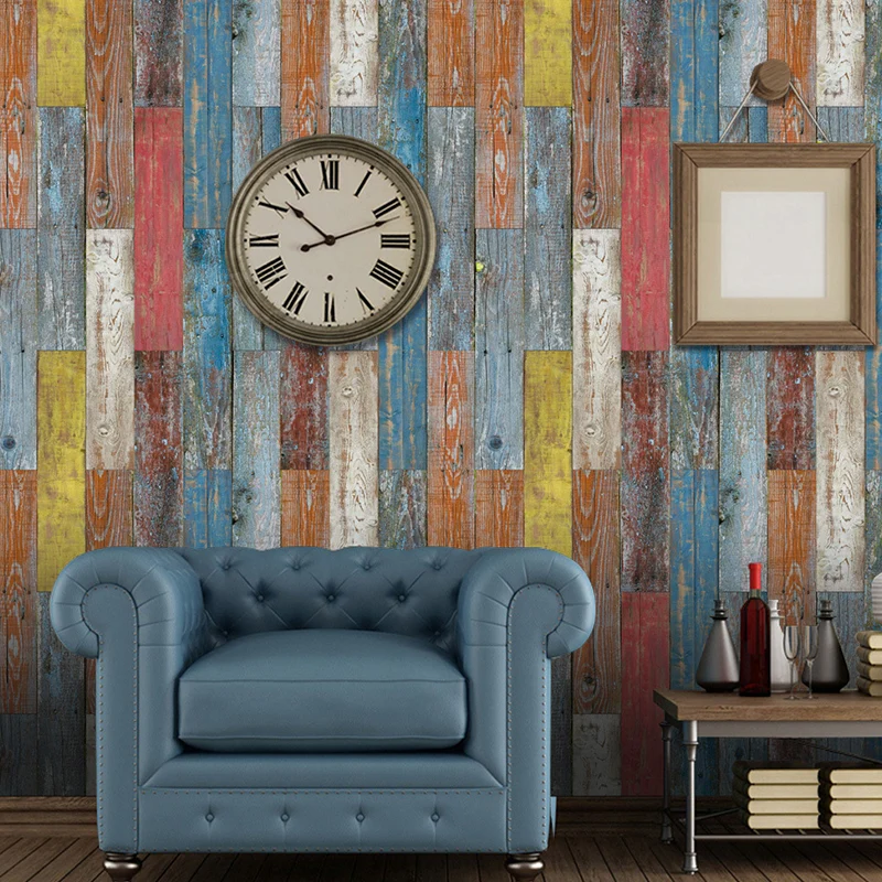 Panneau de papier peint adhésif méditerranéen Shiplap pour salon, décoration murale de 8,6 pieds carrés en rouge-jaune-ble...