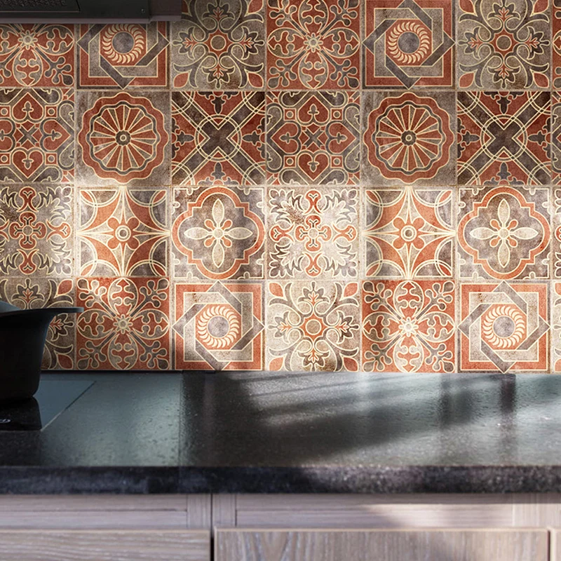 Panneau de papier peint à carreaux indiens orange, décollez et collez, Art mural d'escalier Boho Chic (10 pièces) Clearhalo