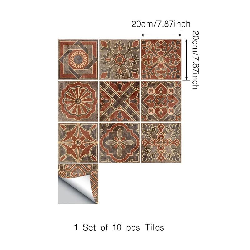 Panneau de papier peint à carreaux indiens orange, décollez et collez, Art mural d'escalier Boho Chic (10 pièces) Clearhalo