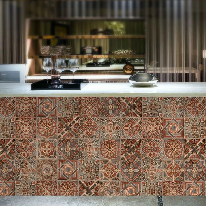 Panneau de papier peint à carreaux indiens orange, décollez et collez, Art mural d'escalier Boho Chic (10 pièces) Clearhalo
