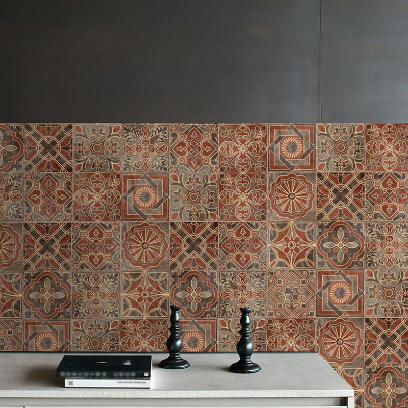Panneau de papier peint à carreaux indiens orange, décollez et collez, Art mural d'escalier Boho Chic (10 pièces) Clearhalo