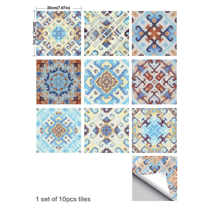 Panneaux de papier peint symétriques Bohême pour cuisine 8' x 8" Décoration murale en orange-bleu, peler et coller Clearhalo