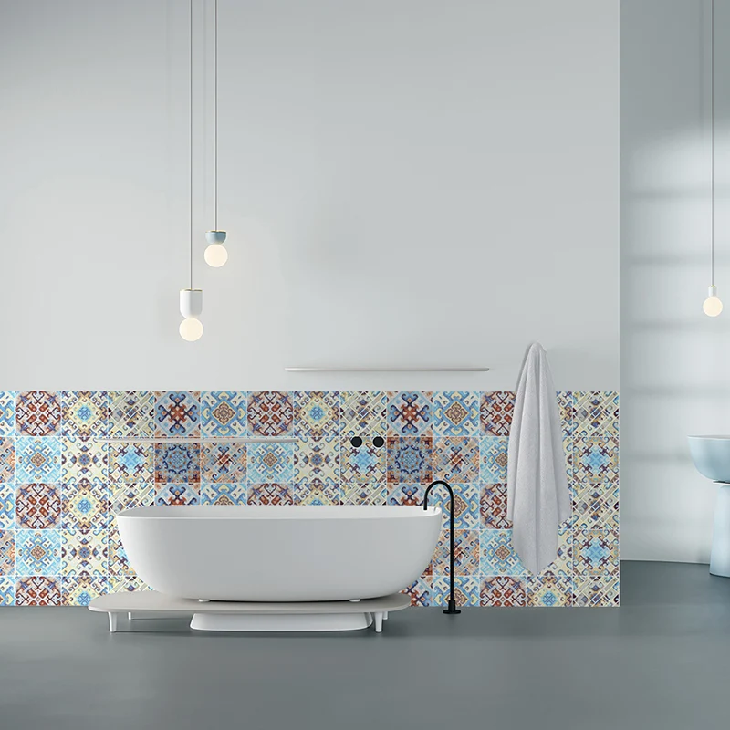 Panneaux de papier peint symétriques Bohême pour cuisine 8' x 8" Décoration murale en orange-bleu, peler et coller Clearhalo