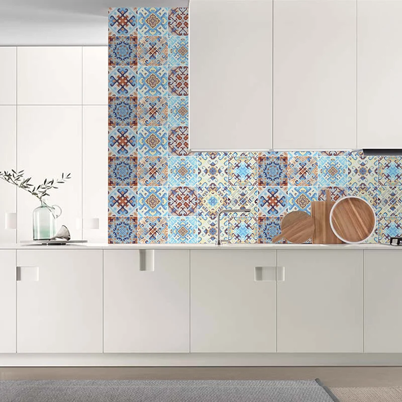 Panneaux de papier peint symétriques Bohême pour cuisine 8' x 8" Décoration murale en orange-bleu, peler et coller Clearhalo