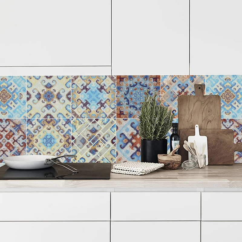 Panneaux de papier peint symétriques Bohême pour cuisine 8' x 8" Décoration murale en orange-bleu, peler et coller Clearhalo