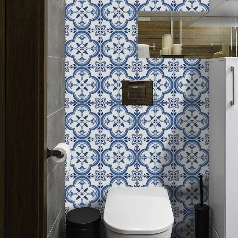 Papier peint à carreaux turcs Boho quadrilobe, 50 pièces, Art mural bleu à peler et coller pour la cuisine Clearhalo