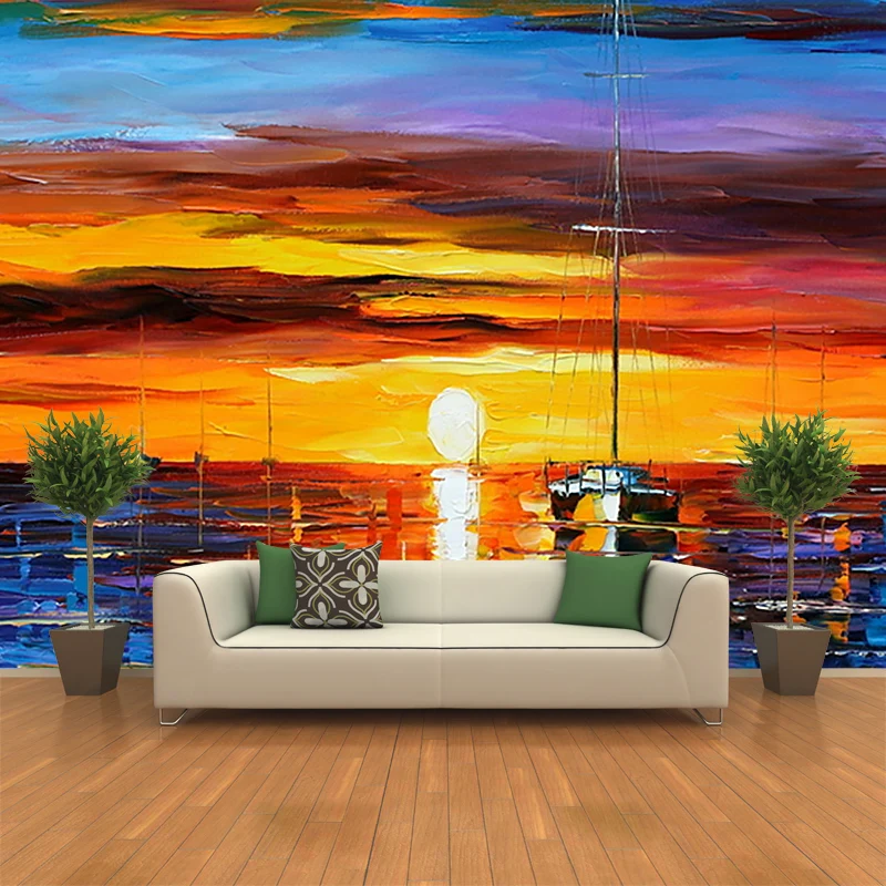 Papier peint classique coucher de soleil sur l'océ pour salon, décoration murale pleine grandeur en orange et bleu Clearhalo