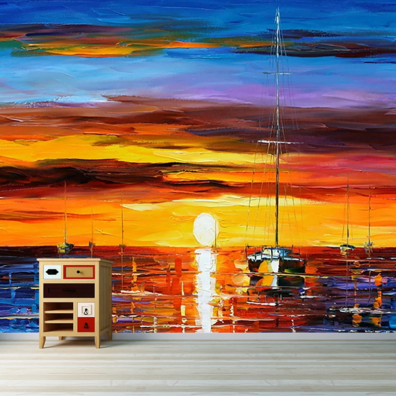 Papier peint classique coucher de soleil sur l'océ pour salon, décoration murale pleine grandeur en orange et bleu Clearhalo