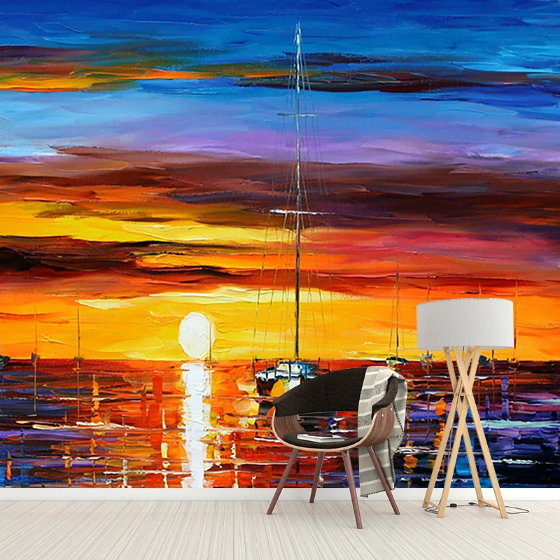 Papier peint classique coucher de soleil sur l'océ pour salon, décoration murale pleine grandeur en orange et bleu Clearhalo