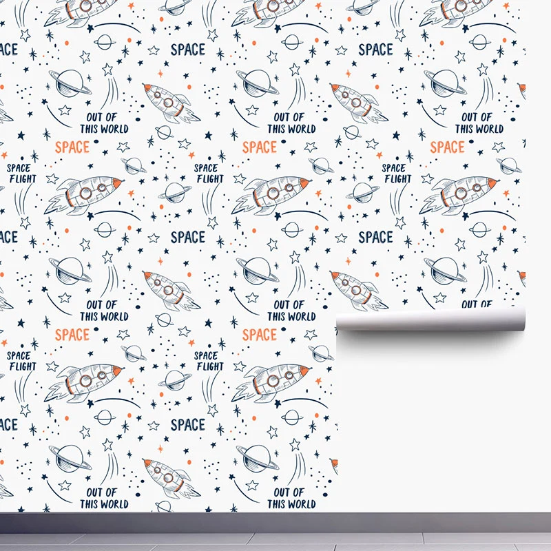 Papier peint fusée de dessin animé résistant aux taches, 29,1 pieds carrés. Art mural minimaliste pour chambre d'enfant, d...