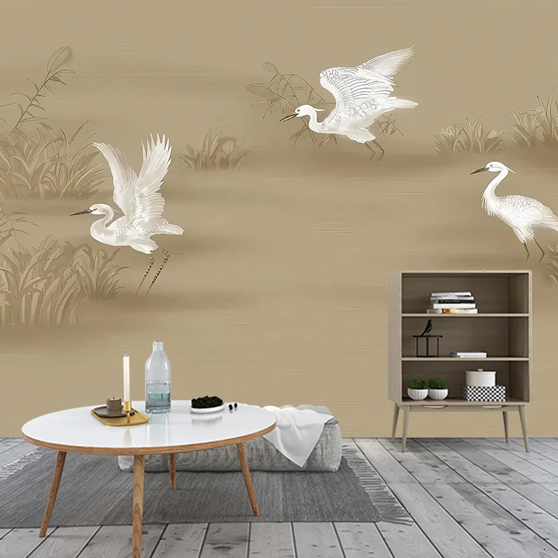 Papier peint mural Aigrette de style illustration, décoration murale de taille personnalisée pour chambre d'amis, sur mesu...