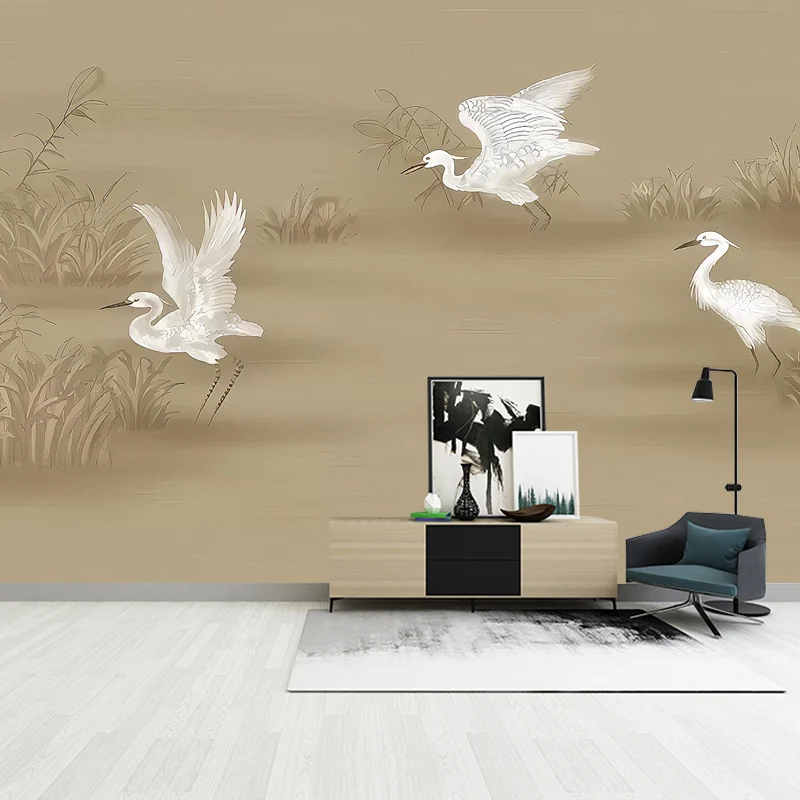 Papier peint mural Aigrette de style illustration, décoration murale de taille personnalisée pour chambre d'amis, sur mesu...