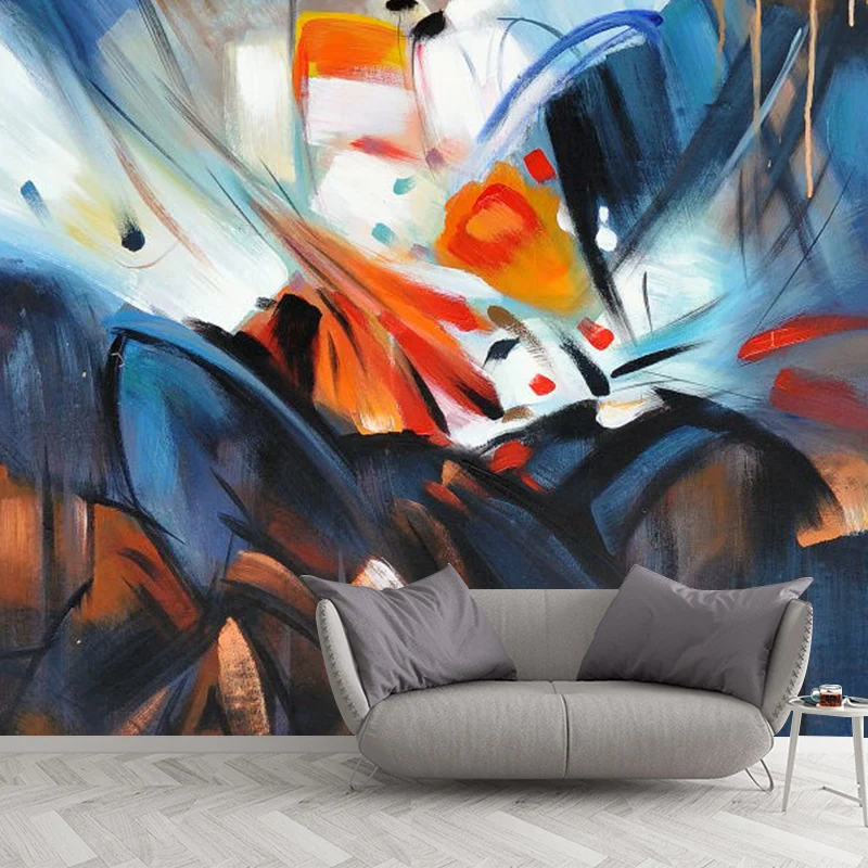 Papier peint mural aquarelles contemporaines en art mural de chambre d’amis orange et bleu, taille personnalisée disponibl...