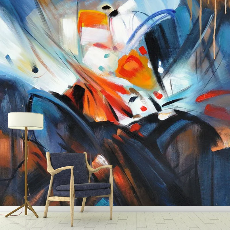 Papier peint mural aquarelles contemporaines en art mural de chambre d’amis orange et bleu, taille personnalisée disponibl...