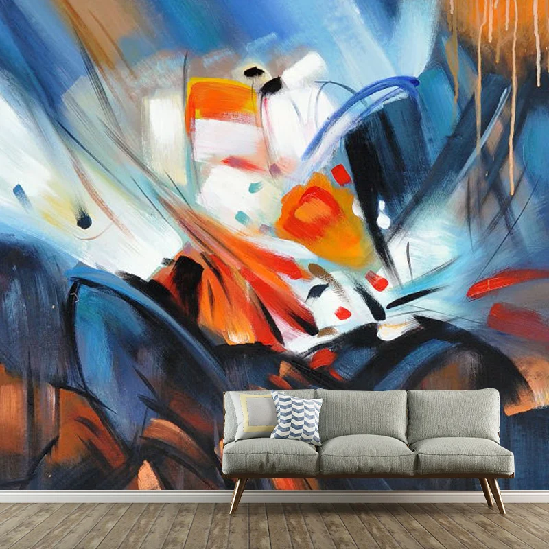 Papier peint mural aquarelles contemporaines en art mural de chambre d’amis orange et bleu, taille personnalisée disponibl...