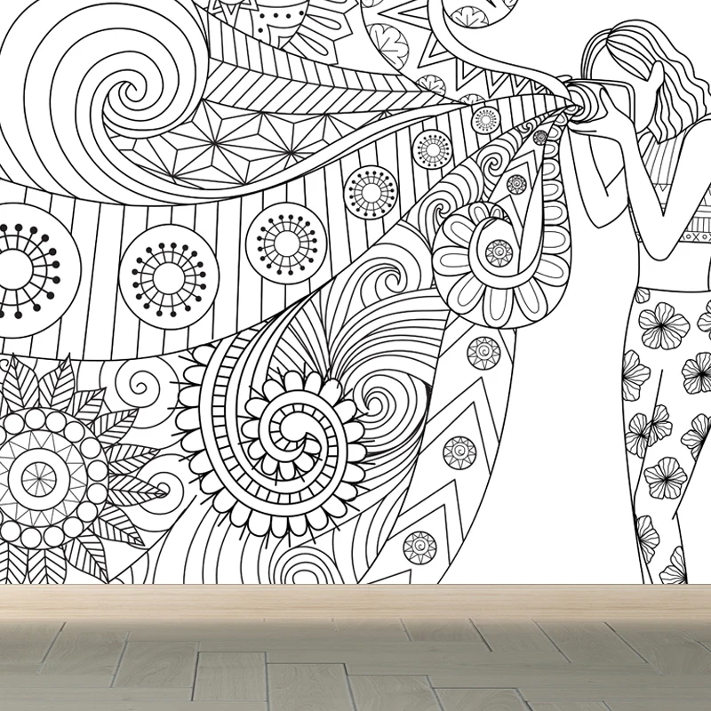 Papier peint mural Art déco fleuri, revêtement mural noir et blanc antitache pour chambre de filles Clearhalo