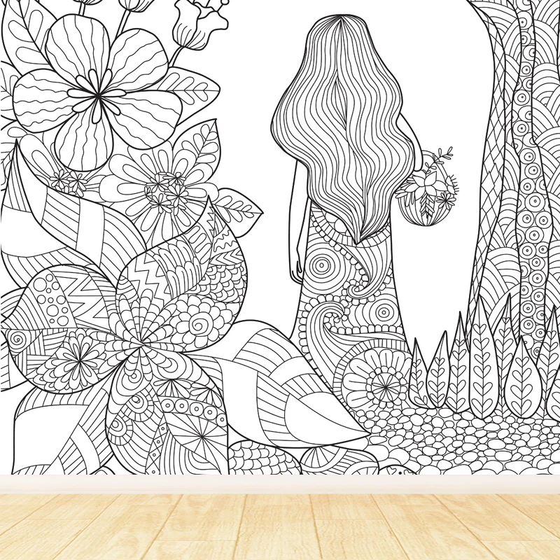 Papier peint mural Art déco fleuri, revêtement mural noir et blanc antitache pour chambre de filles Clearhalo